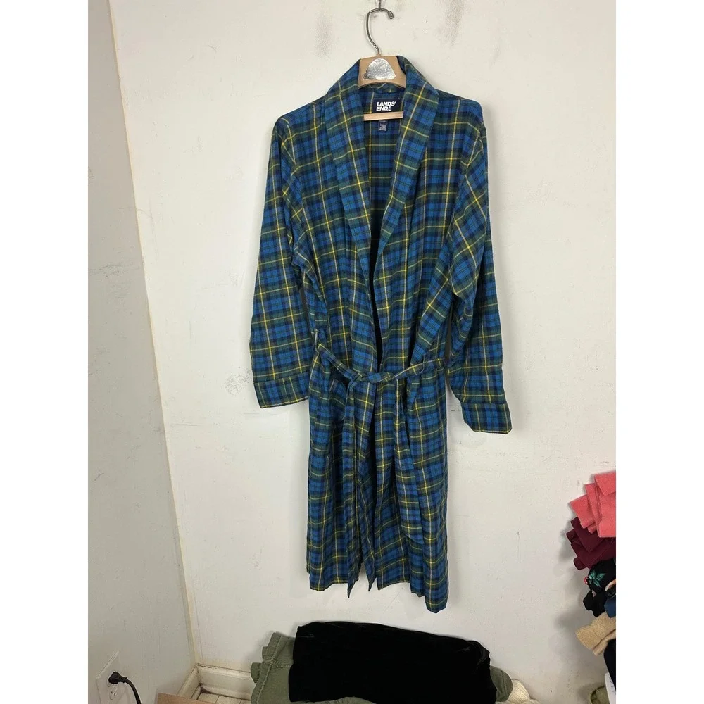 Lands End Mens Flannel Robe Blue Green Plaid Cotton Shawl Collar Belted Size M